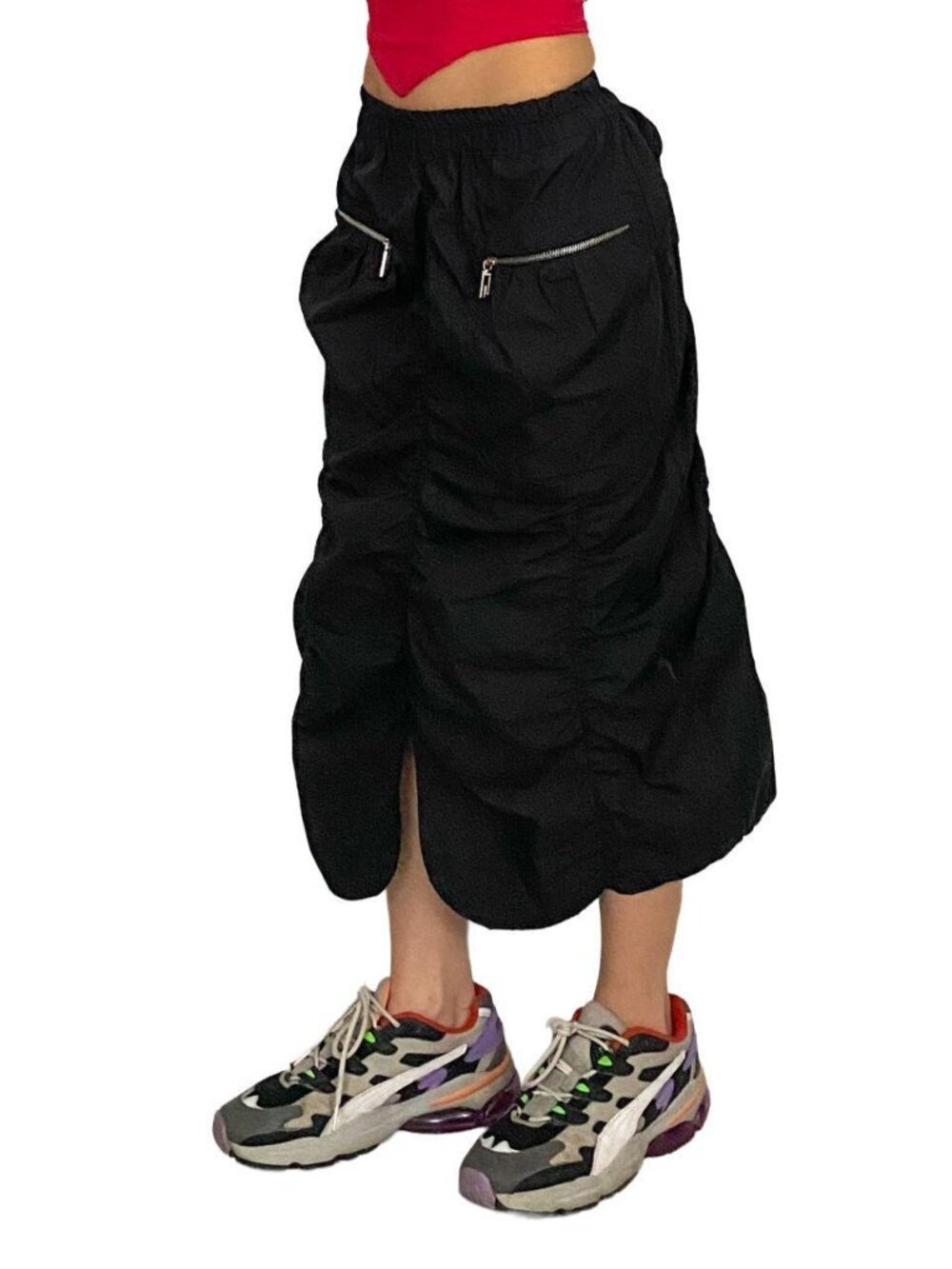 black parachute midi skirt with zippers